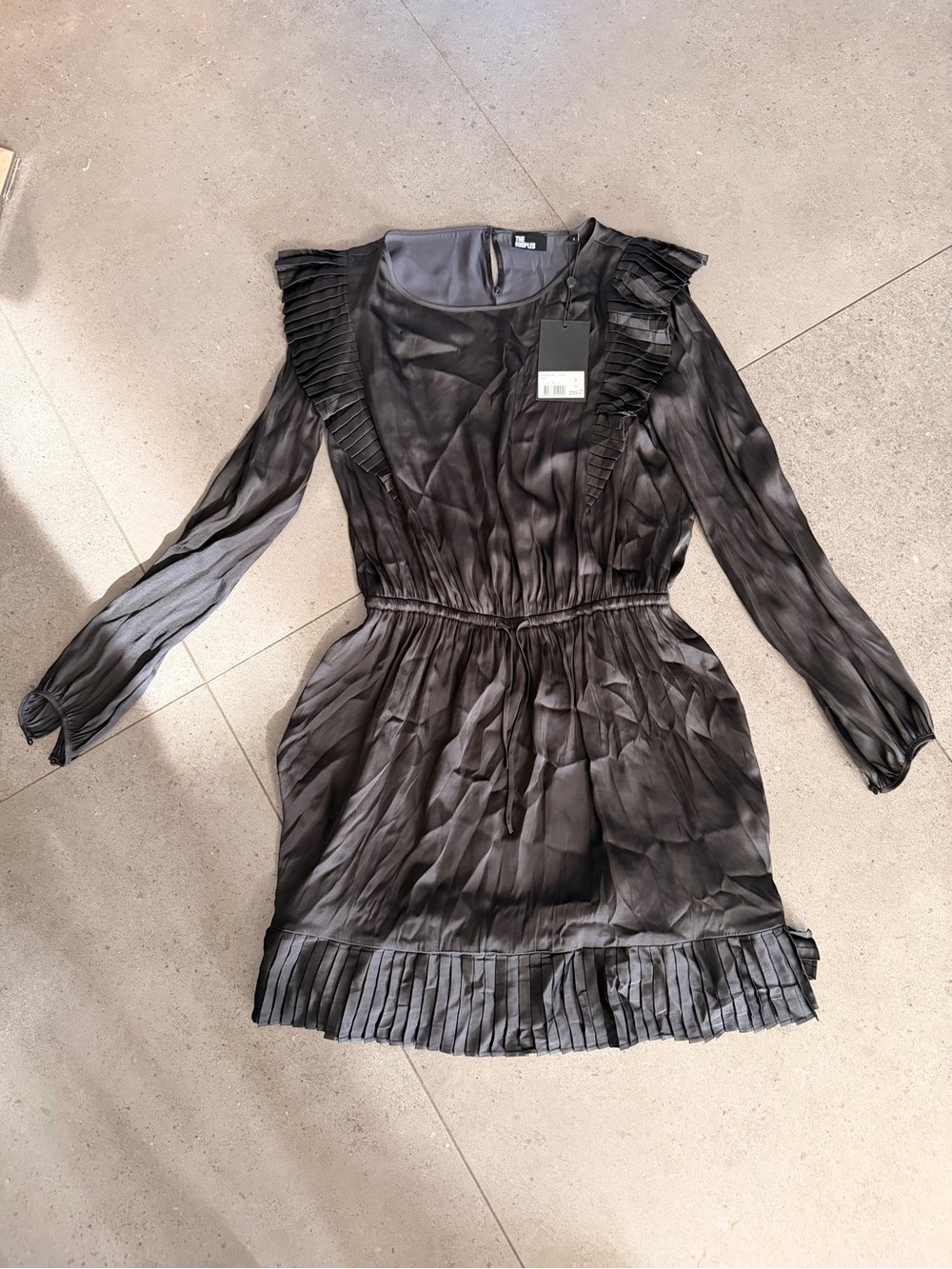 The Kooples Black Pleated-Trim Long Sleeve Dress